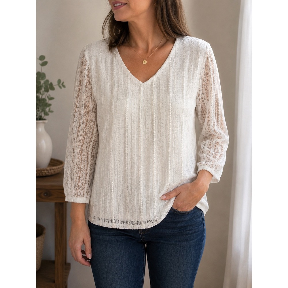 Jonden Women XL White Lace V-Neck Blouse Metallic Silver Stripe 3/4 Sleeve Top